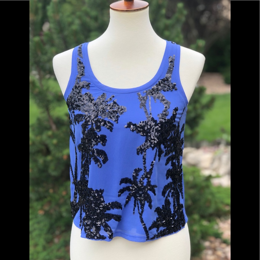Express XS crop top sequined palm trees